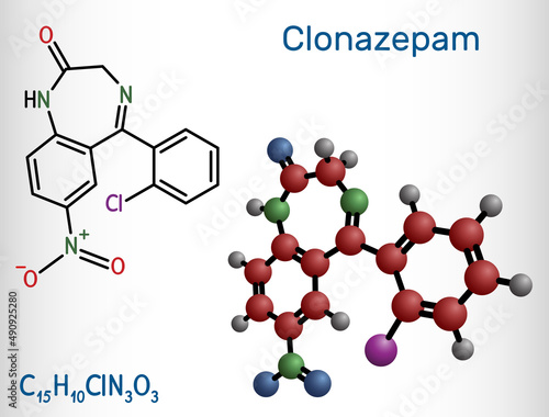Clonazepam molecule. It is benzodiazepine, anticonvulsant, used to treat panic disorders, severe anxiety, seizures. Structural chemical formula and molecule model photo