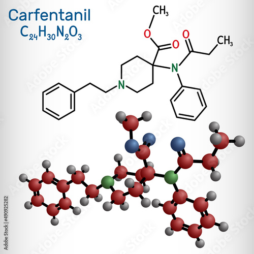 Carfentanil, carfentanyl molecule. It is derivative of fentanyl, one of the most potent opioids, used in veterinary medicine to anesthetize large animals. Structural formula, molecule model.