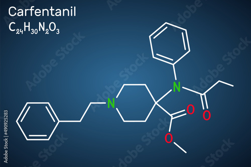 Carfentanil, carfentanyl molecule. It is derivative of fentanyl, one of the most potent opioids, used in veterinary medicine to anesthetize large animals. Structural formula, dark blue background