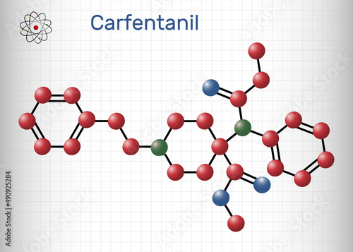 Carfentanil, carfentanyl molecule. It is derivative of fentanyl, one of the most potent opioids, used in veterinary medicine to anesthetize large animals. Molecule model. Sheet of paper in a cage
