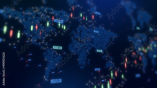 stock market crypto currency concept with digital indicators, world map abstract background