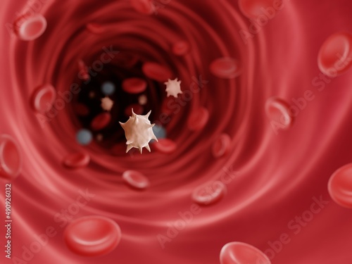 Thrombocyte (platelete) in bloodstream, 3d illustration photo