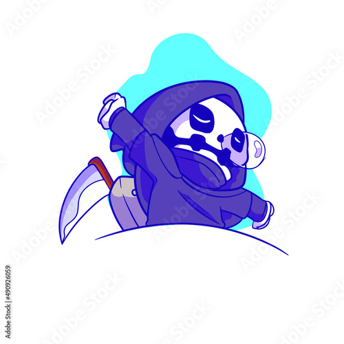 cute grim reaper holding scythe cartoon icon illustration wake up
