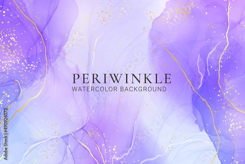 Violet lavender liquid watercolor marble background with golden lines. Pastel purple periwinkle alcohol ink drawing effect. Vector illustration design template for wedding invitation, menu, rsvp