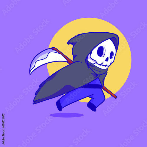 cute grim reaper holding a scythe and running cartoon illustration