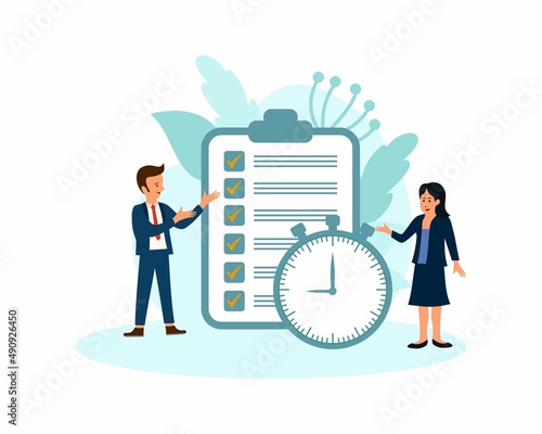 Time management.People on the background of the task list and the clock solve the tasks.Poster in business style.Vector illustration.