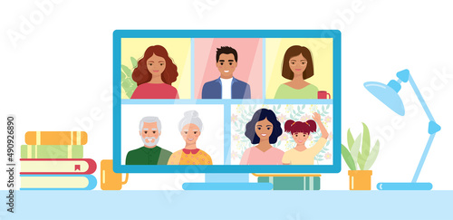 A computer with a group of people conducting a video conference. Online meeting via group call. 