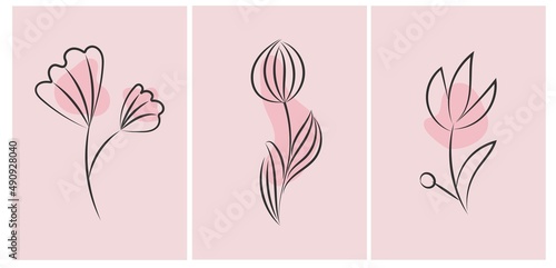 Vector linear abstract poster. Wallpaper in a minimalist style for spring and summer with botanical leaves, flowers, organic shapes. For poster, poster, background, postcard, website and packaging.