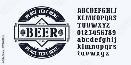 Stencil-plate serif font and template label for beer