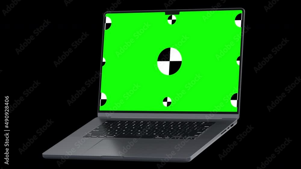 Laptop opens smoothly with a green screen on a black background. 3d Pc