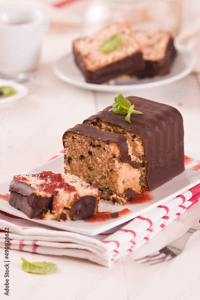 Sponge cake with chocolate frosting. Sponge cake with chocolate frosting.