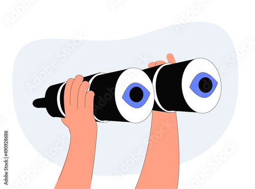 Hand is holds binoculars. Vision, research, observation, discovery and exploration icon concept. Thin line vector.