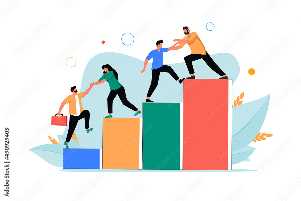 Happy young employees giving support and help each other flat vector illustration. Business team working together. Happy young employees giving support and help each other flat vector illustration. Business team working together.