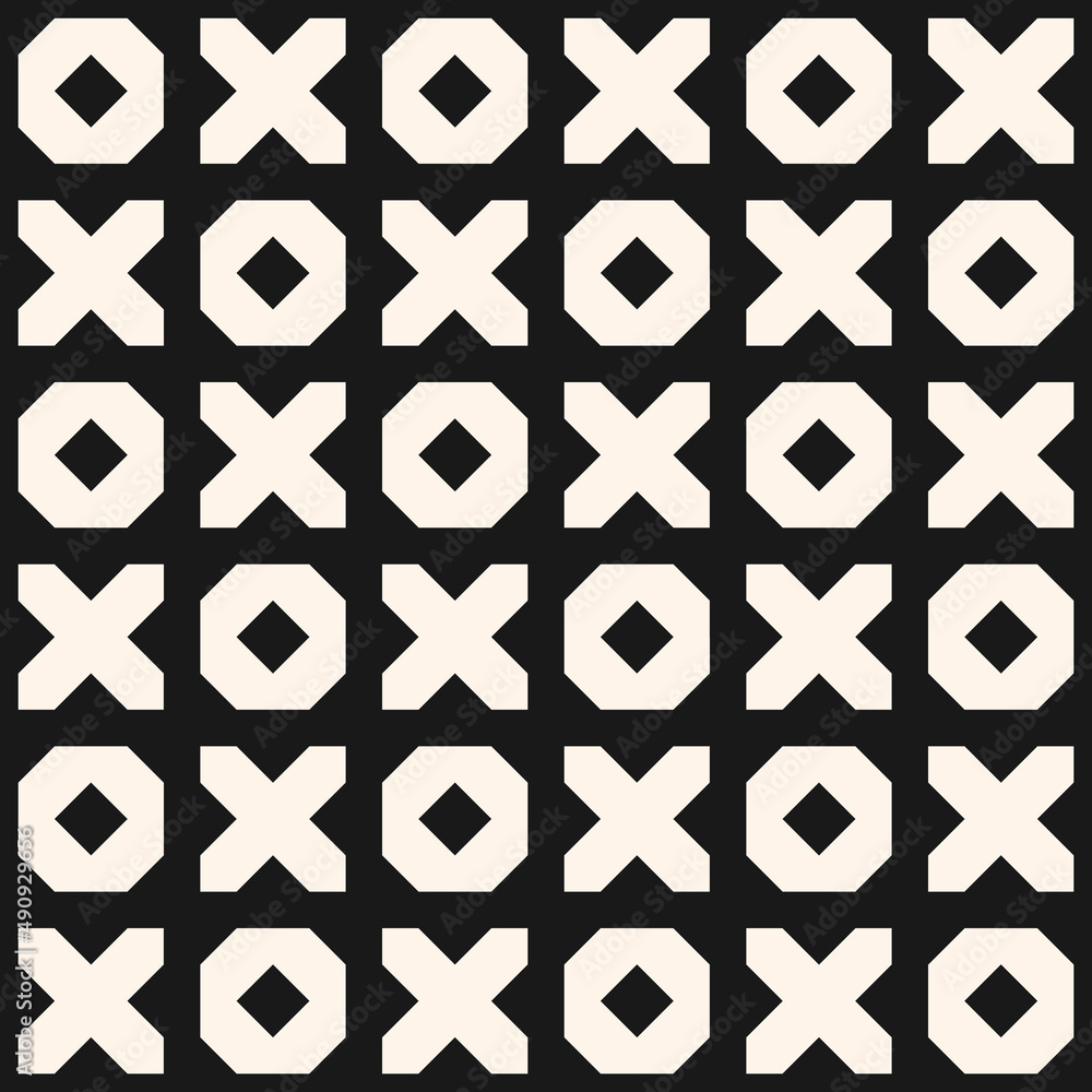 Vector geometric seamless pattern. Tic tac toe ornament with big noughts and crosses. Funky abstract minimal monochrome background texture. Modern black and white repeat design for print, decor, cover Vector geometric seamless pattern. Tic tac toe ornament with big noughts and crosses. Funky abstract minimal monochrome background texture. Modern black and white repeat design for print, decor, cover
