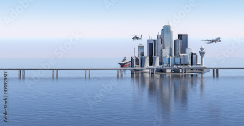 Panorama view with smart city skyline including high-rise building and transportation. 3d rendering