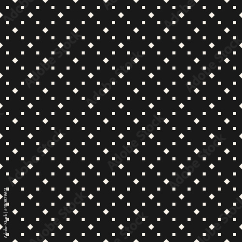 Simple vector minimalist seamless pattern. Monochrome geometric background with small squares and diamonds. Delicate abstract black and white minimal texture. Dark repeat design for print, embossing