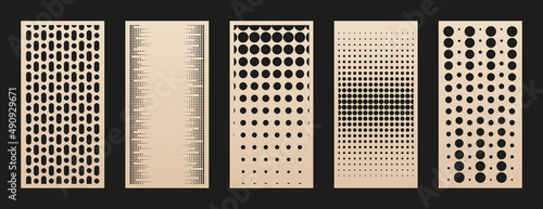 Laser cut panel set. Collection of abstract geometric patterns with circles, halftone dots, grid, gradient transition. Decorative stencil for laser cutting of wood, metal, paper. Aspect ratio 1:2 photo
