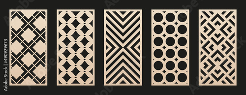 Laser cut patterns. Vector collection of cutting templates with abstract geometric ornament, squares, circles, lines, stripes, chevron, grid. Stencil for laser cut of wood, metal. Aspect ratio 1:2