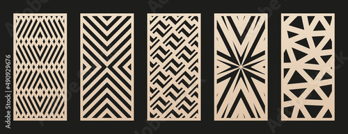 Laser cut patterns. Collection of abstract geometric panels with lines, grid, chevron. Modern ornament texture. Decorative stencil for laser cutting of wood, metal, paper, plastic. Aspect ratio 1:2