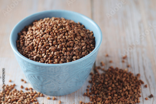 Buckwheat grain in a small ceramic bowl