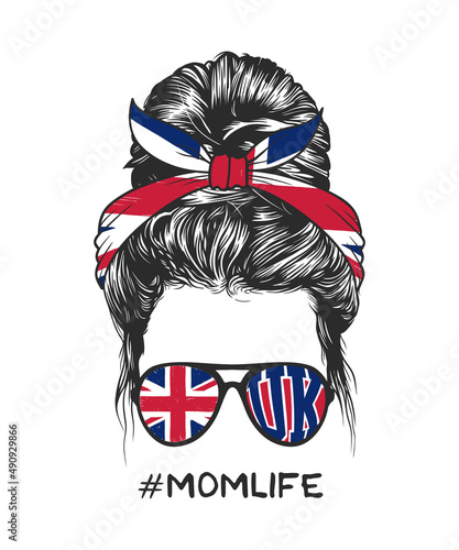 Women messy bun hairstyles wearing United Kingdom flag sunglasses vector line art illustration