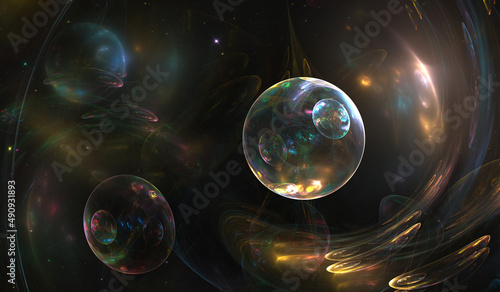Fractal image with soap bubbles or colorful space background. Quantum physics. Glass balls or photon, atom, neutrino. Nanotechnology, nanocosmos, nanoworld. 3d illustration. photo
