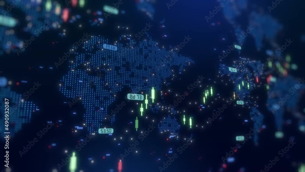 stock market crypto currency concept with digital indicators, world map abstract background
