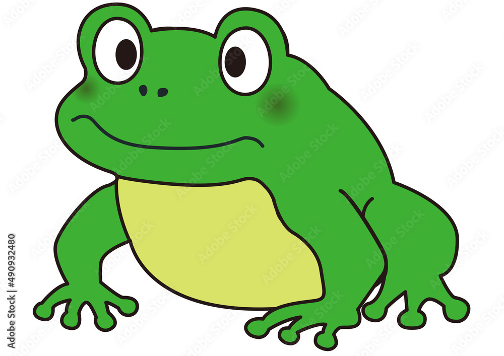 蛙 カエル かえる アマガエル 動物 動物園 かわいい 可愛い Frog 両生類 横向き 梅雨 笑顔 生物 ゆるい 手描き イラスト 単品 挿絵 アイコン 子供向け アニマル キャラクター 飼育 生き物 サファリパーク Stock Illustration Adobe Stock