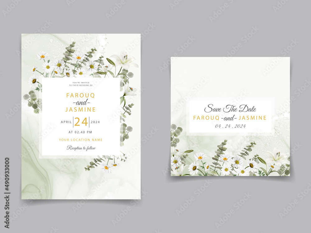 White daisy and lily wedding invitation