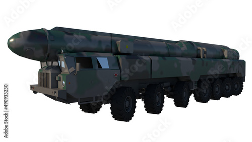 Nuclear Missile Launch Truck 1-Perspective F view white background 3D Rendering Ilustracion 3D 