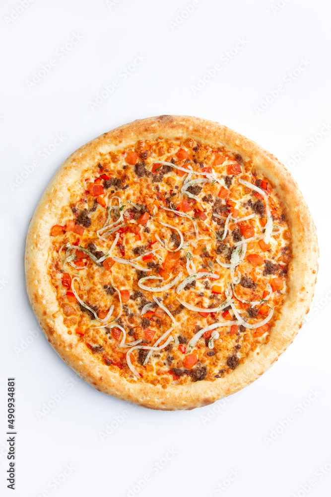 Big pizza with meat and red pepper on a white background. Big pizza with meat and red pepper on a white background.