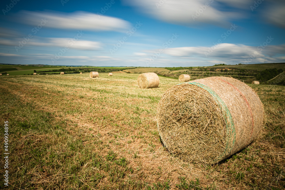 Hay bales on a field in the Moravian Tuscany region, which is popular for agriculture and rolling countryside