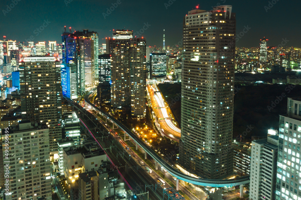 Long exposure photo of the skyline of Tokyo at night.