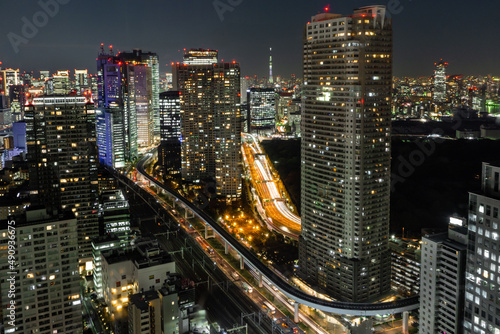 Long exposure photo of the skyline of Tokyo at night.