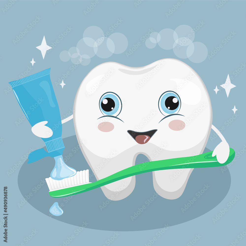 Obraz premium tooth with a toothbrush and toothpaste in his hands