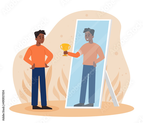 Man looking himself. Young guy in front of mirror, optimism, positive psychology and self confidence. Reflection rewards character with goblet, internal winner. Cartoon flat vector illustration