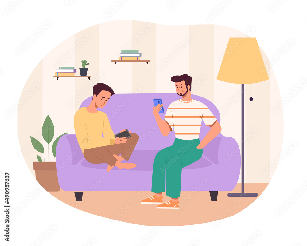Men at phone. Dependence on gadgets and social networks, negative consequences of technology development. Friends in apartment, chatting in messengers, smartphones. Cartoon flat vector illustration Men at phone. Dependence on gadgets and social networks, negative consequences of technology development. Friends in apartment, chatting in messengers, smartphones. Cartoon flat vector illustration