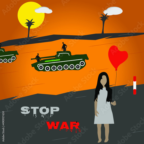 Stop War.A brave little innocent girl is standing in front of a running war.Poster,Background,flyer,social media post