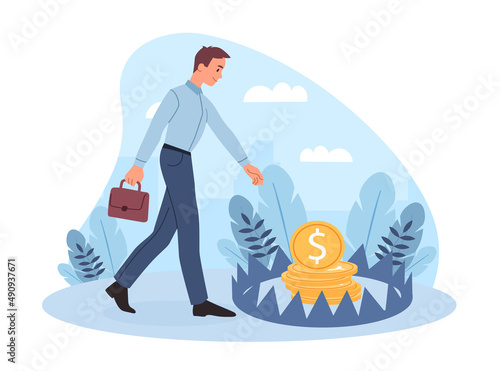 Concept of money trap. Man with briefcase looks at coins. Incorrect setting of life priorities, low level of financial literacy and awareness, manipulation of greed. Cartoon flat vector illustration