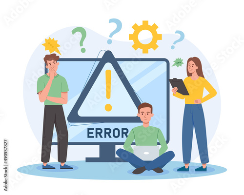 Operating system error. Men and girl looking for error in code, technical problems. 404 page design. Overloaded servers, programmers team looking for solution. Cartoon flat vector illustration