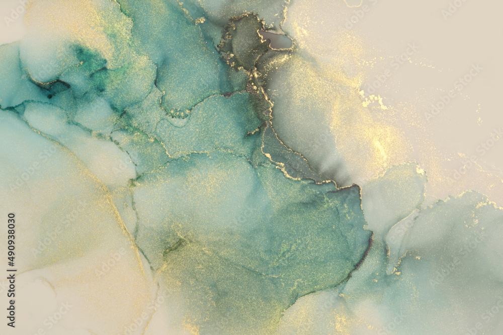 Fototapeta premium Art Abstract smoke painting blots horizontal copy space background. Alcohol ink blue and gold colors. Marble texture.