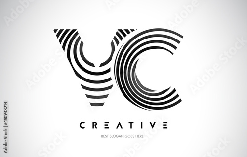 VC Lines Warp Logo Design. Letter Icon Made with Black Circular Lines.