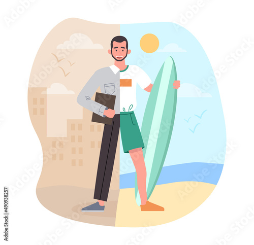 Rest or work. Man with mug of coffee or tea in suit in office and on beach in swimming trunks with board. Employee or surfer, dreams of holidays and vacations. Cartoon flat vector illustration