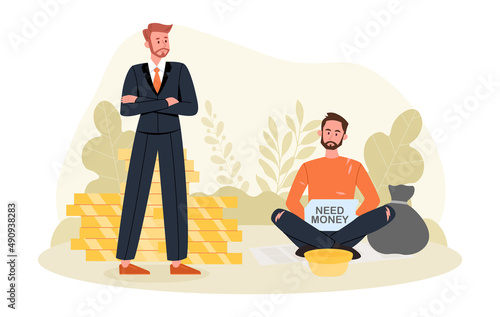 Richness and poverty concept. Man next to mountain of coins and poor guy with sign. Successful businessman and beggar, social inequality, different income levels. Cartoon flat vector illustration