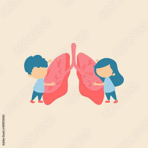Vector illustration of a poster with the concept of two children hugging their lungs. Campaign on World Tuberculosis Day, Pneumonia and Cancer Treatment, Healthy Lungs.