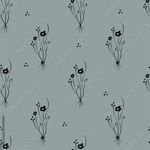 Vector gray green illustration. Floral seamless pattern. Bouquet of wild flowers. Hand drawn flower field. Simple flowers. Blooming heads of wild flowers. Outline drawing.