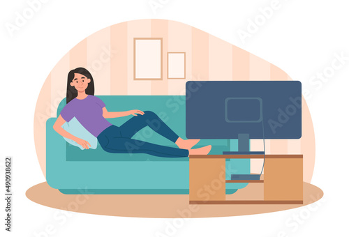 Woman watching TV. Rest after work, entertainment in house, comfort and coziness. Lazy character on couch. Television, series and broadcasts. Evening indoor. Cartoon flat vector illustration