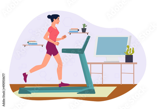Woman on treadmill at home. Weight loss and fat burning. Take care of health and body. Jogging and preparation for competitions in winter. Sportswoman, athlete. Cartoon flat vector illustration