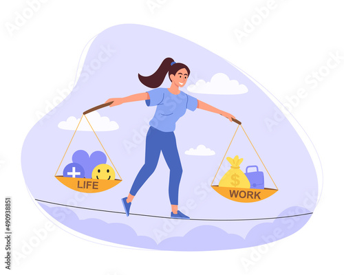Work life balance. Girl chooses between career and personal life. Difficult decision, character balancing on thread. Mother or entrepreneur, hostess or businesswoman. Cartoon flat vector illustration