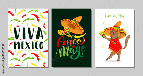Cinco de Mayo logo design with lettering, and Mexican cat character wearing sombrero. Vector illustration EPS10